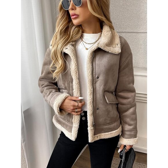 Women's Faux Leather Jacket Patchwork Fur Coat Moto Zipper Sherpa Shacket Brown - Picture 2 of 6